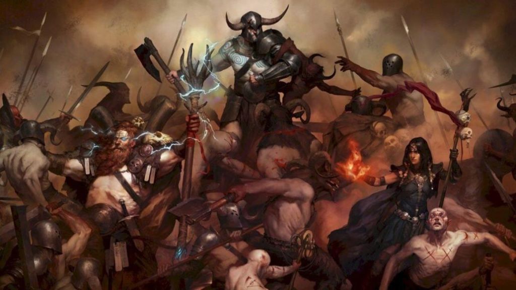 Diablo IV - Guerriero, Druido e Incantatrice in combattimento